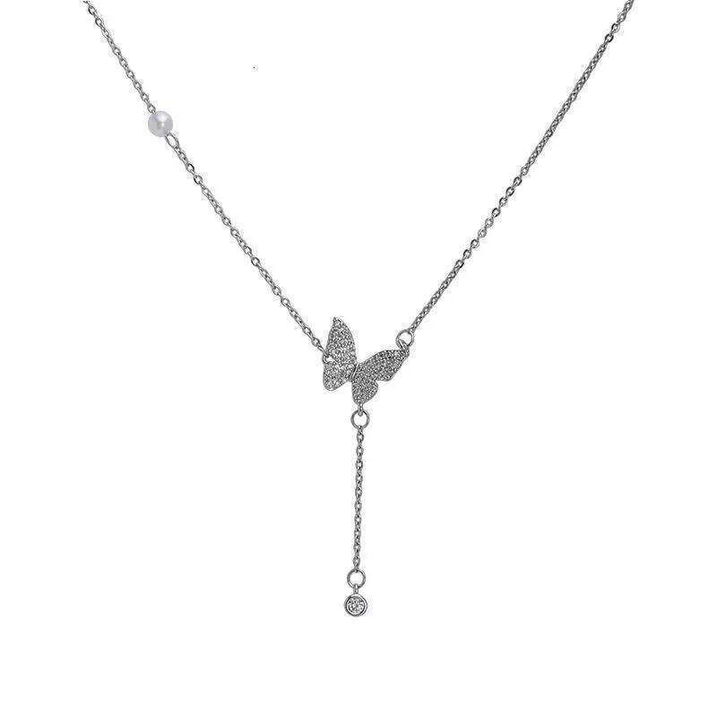 Shiny Crystal Butterfly Pendant Zircon Exquisite Pearl Clavicle Chain Necklace For Women Wedding Party Jewelry Gifts H260312