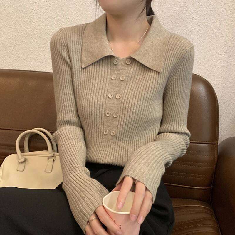 Turn-Down Collar Ribbed Pullover Sweater Women Autumn Winter Slim Long Sleeve Soft Warm Sweaters Ladies Knitted Tops Z260314