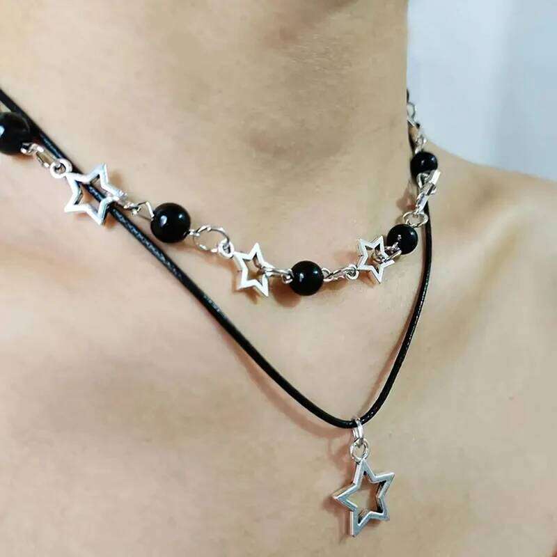 Fashion Double Layered Black Bead Star Choker Necklace Punk Pentagram Leather Rope Necklaces For Women Girls H260312