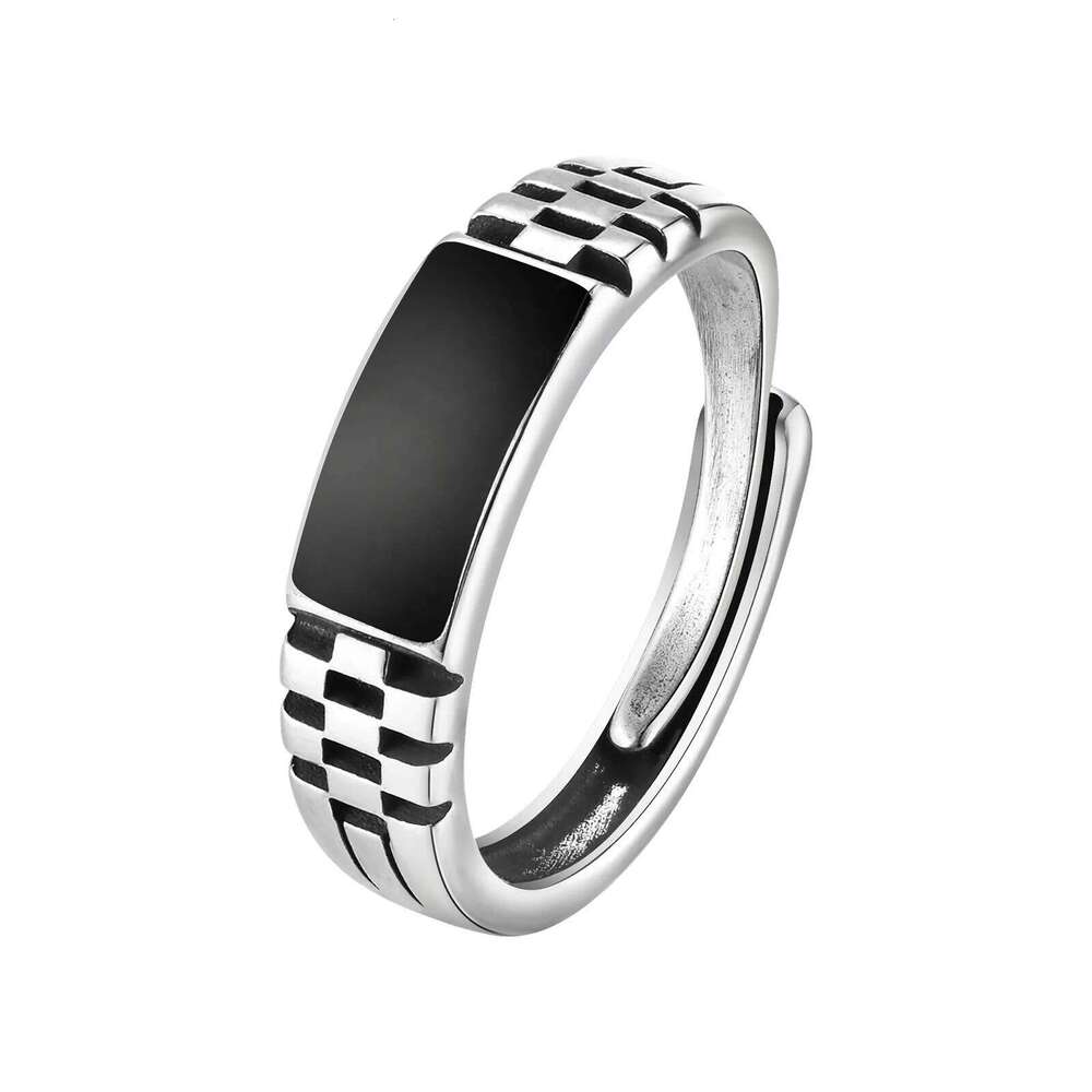 Black Rectangle Men Boys,Classic Square Metal Ring Chessboard Ring,Casual Gifts for Him H260312