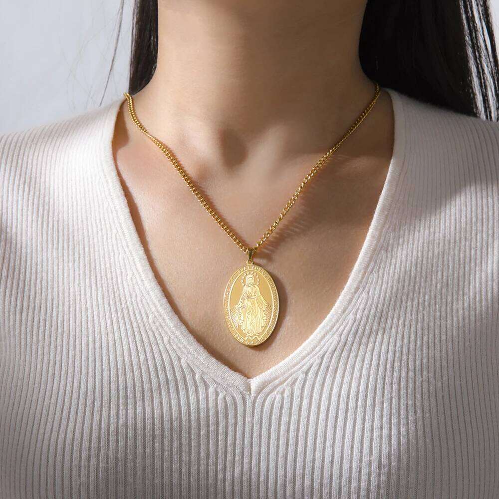 Dawapara Religious Virgin Mary Double Sided Carved Necklace Catholic Mother of God Pendant Stainless Steel Jewelry H260312