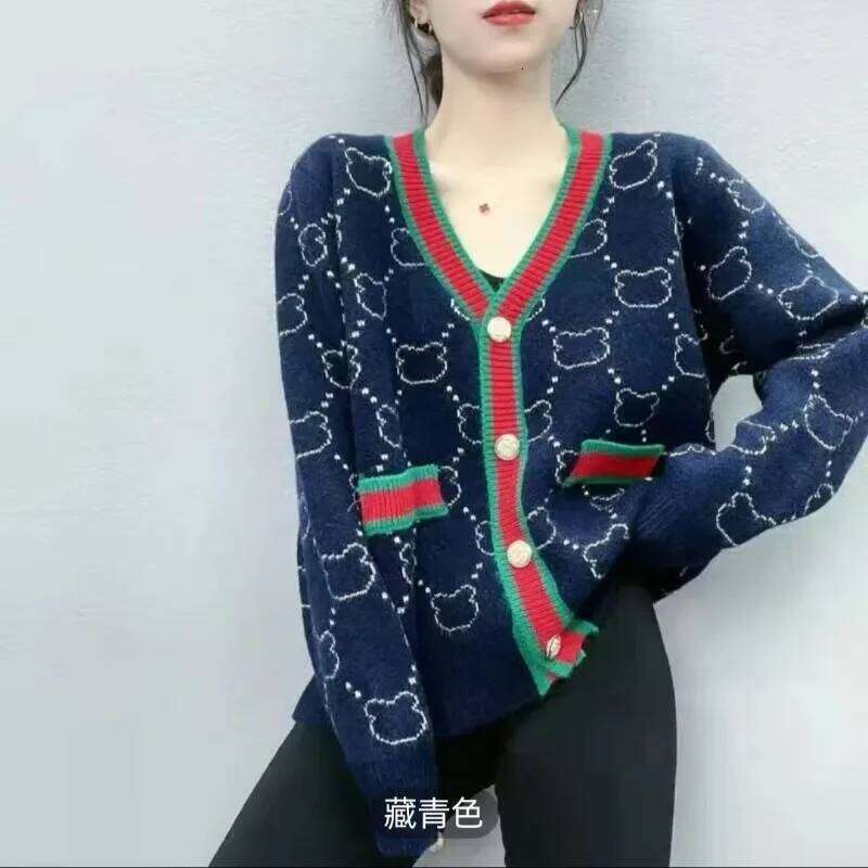 Knitted Cardigan Spring and Autumn New V-neck Top for Women's Casual Color Block Z260313