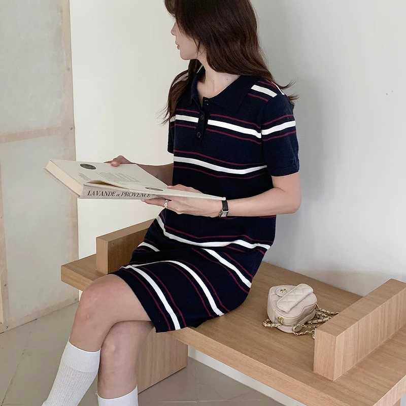 Korean knitted short sleeved dress for womens summer new polo collar casual versatile mid length striped contrasting dressT260314