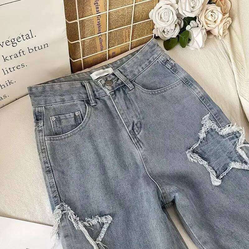 Five pointed star patch denim fashionable loose Korean Ins style spring and autumn new high waisted straight leg mop jeans Z260313
