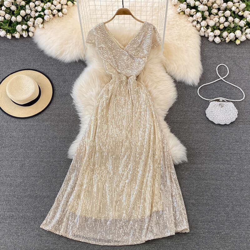 2026 sequin evening gown elegant V-neck dress for hosting and performances, long party dress with high waist, slim fit A15 and wide hem