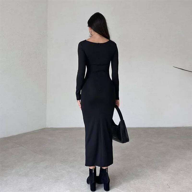 Autumn and Winter New Women's Round Neck Long-sleeved Solid Color Fashion Elegant Pullover Long Casual bodycon Dress Z260314