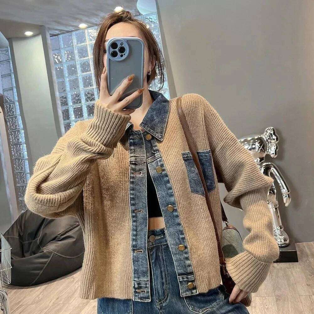 Women's Grey Denim Patchwork Knit Cardigan Jacket long sleeves Short Coat Single breasted Fashion Lady Sweater Outwear Z260313