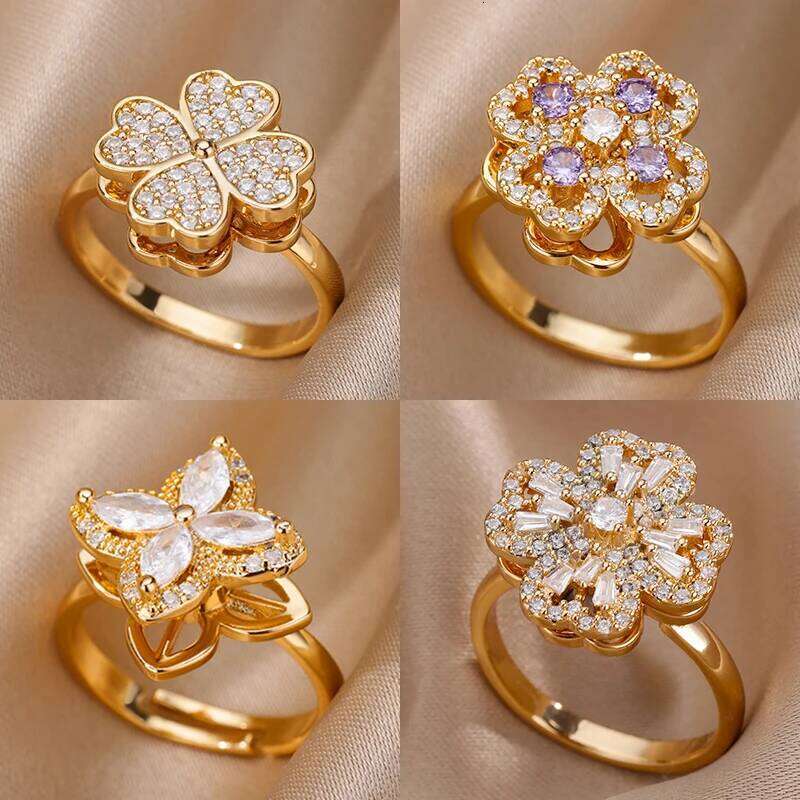 Four Cr Rotating Anxiety Rings for Women Gold Color Adjustable Stainless Steel Wedding Ring Aesthetic Jewelry Gift anillos H260312