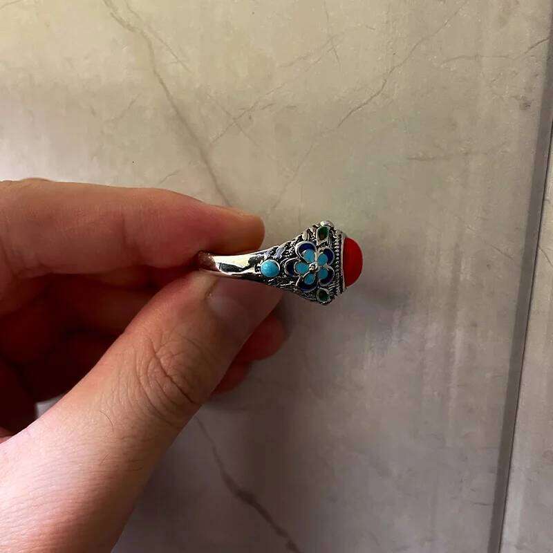 Retro Filigree Inlaid Red Burnt Blue Palace Punk Gothic Open Ring For Women Handmade Unisex Designer Jewelry Accessories H260312