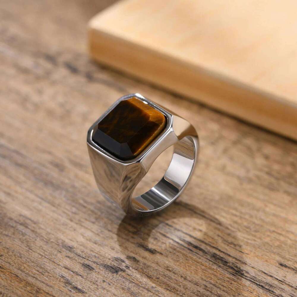 Men Tiger's Eye Signet Rings,Waterproof Stainless Steel Wedding Bands Gift H260312