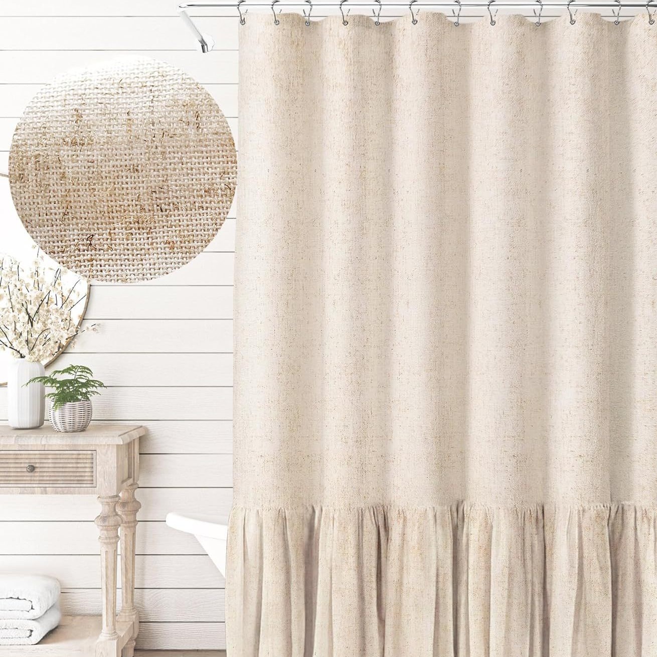 YL-38342 Toilet Partition Curtain with Lace Trim, Plain Color Patchwork Skirt Hem, Cotton Linen Waterproof Ruffle Edge, Linen