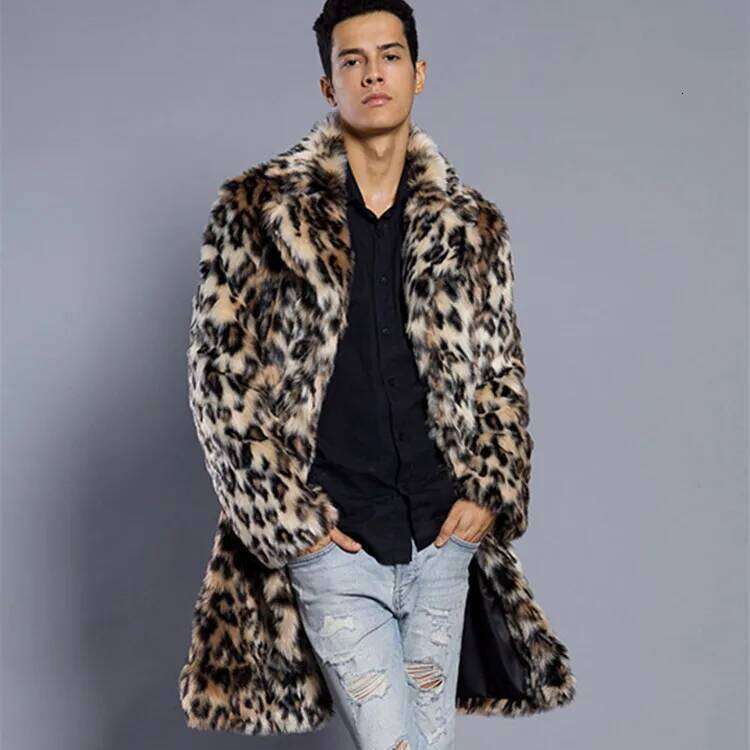 Men's Fashion Leopard Faux Overcoat Winter Warm Extra Jacket For Male Stylish Long Fur Outerwear Coat Parkas Z260313