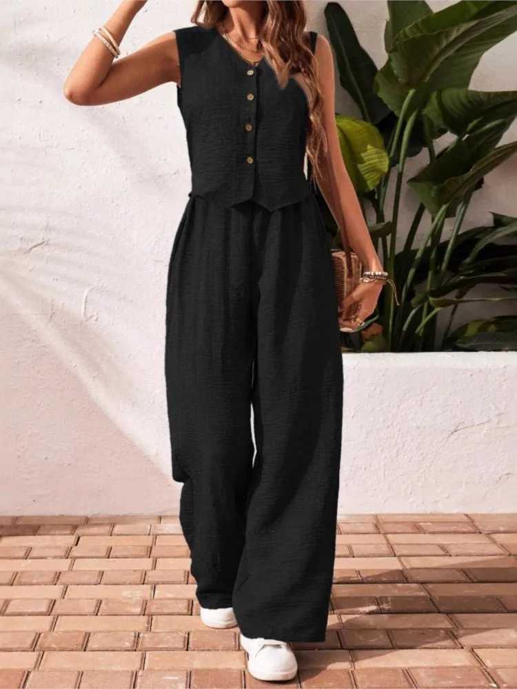 Fashion Solid Office Set Lady Casual V Neck Sleeveless Button Tops High Waist Wide Leg Pants Two Piece Sets For Women Summer New M260313