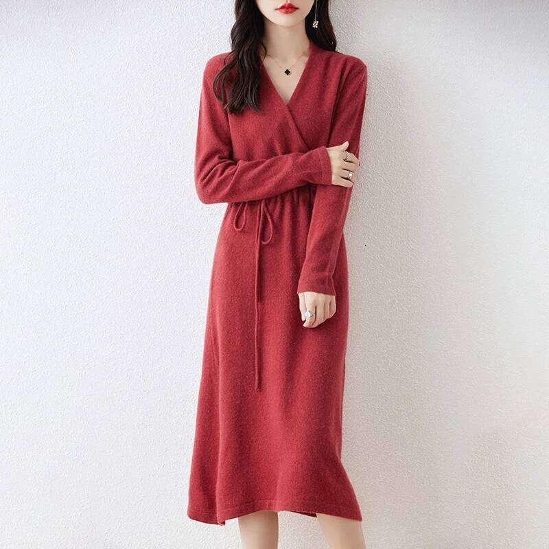 Autumn And Winter New 100% Pure Wool V-Neck Solid Color Lace-Up Long Cashmere Knit Bottoming Sweater Dress Z260314