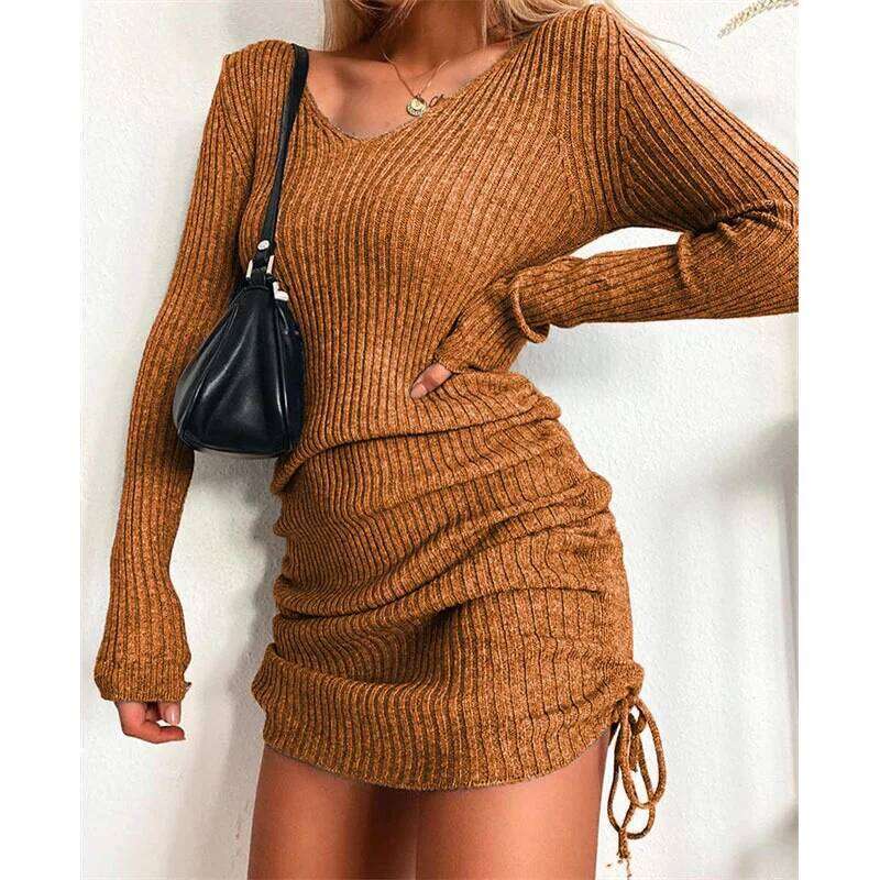 Knitted sweater V-neck long-sleeved women's autumn and winter sexy slim-fit ribbed pleated drawstring bottoming skirt Z260314