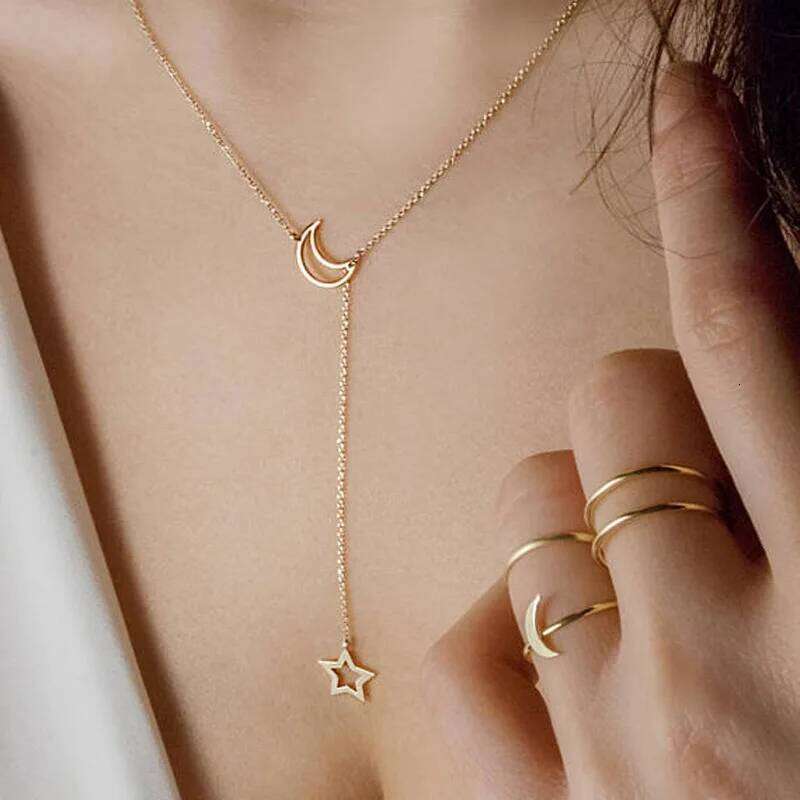 New Moon Star Pendant Choker Simple Gold Color Alloy Charm Chain Collares Necklace For Women Party Jewelry H260312