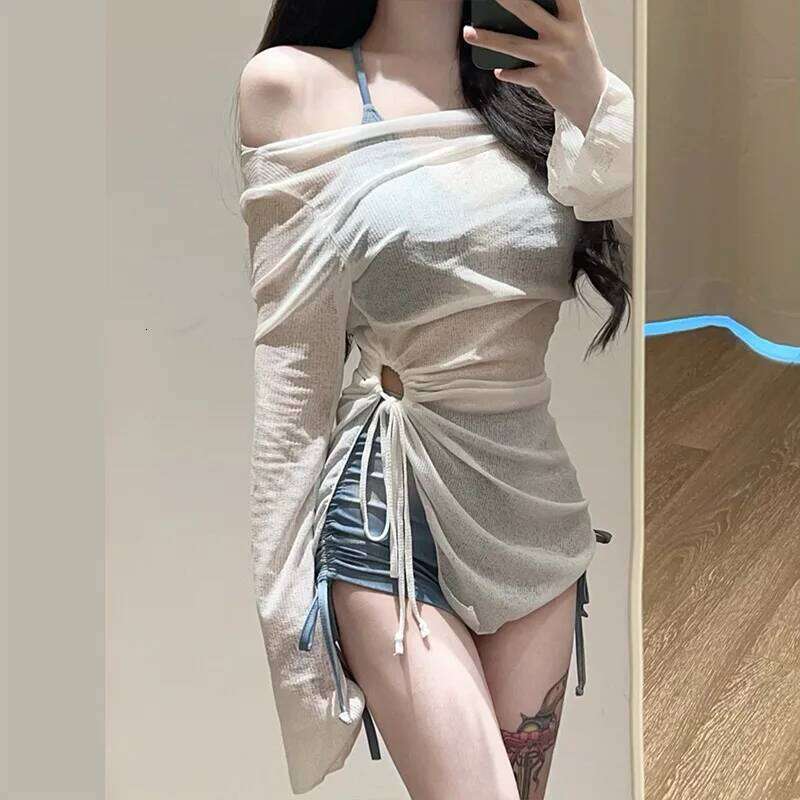 Blue Tie Dye Split Bikini Cover, Sexy Women's Hot Spring Swimsuit Three Piece Set 26H0313