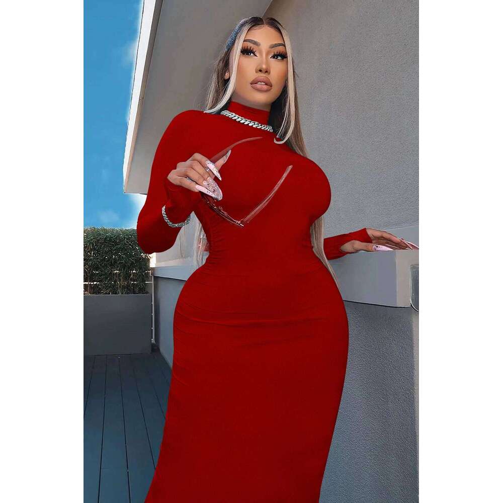 spring Longuette long-sleeved Elastic force Slim High collar slim long dress Z260314