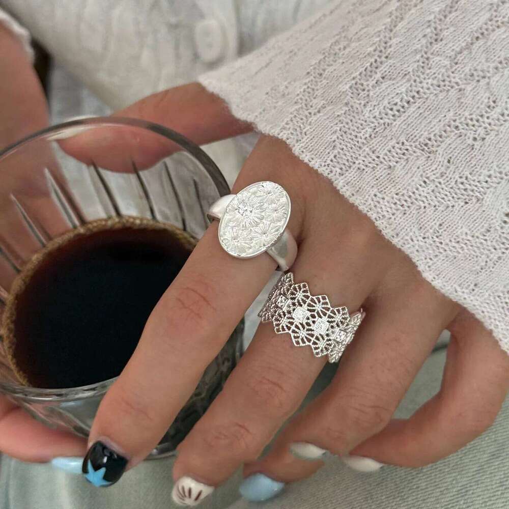 925 Sterling Silver Rings Women Geometric Fine Jewelry Finger Adjustable Simple Oval Flower Ring For Party Birthday Gift H260312