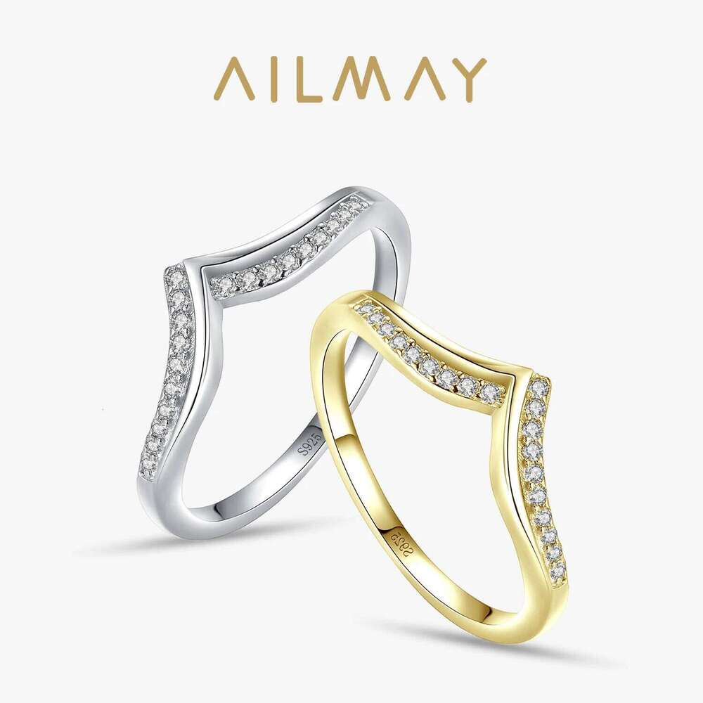 Ailmay Romantic V Shape High Quality CZ Ring Real 925 Sterling Silver Fashion Sparkling Finger Rings For Women Wedding Jewelry H260312