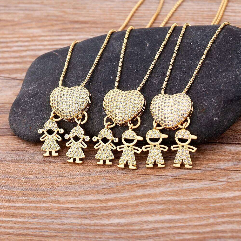 Nidin Hot Sale Son Daughter Heart Gold Plated Cubic Zirconia Family Girl Boy Pendant Necklace Chain Jewelry For Mother Gift H260312