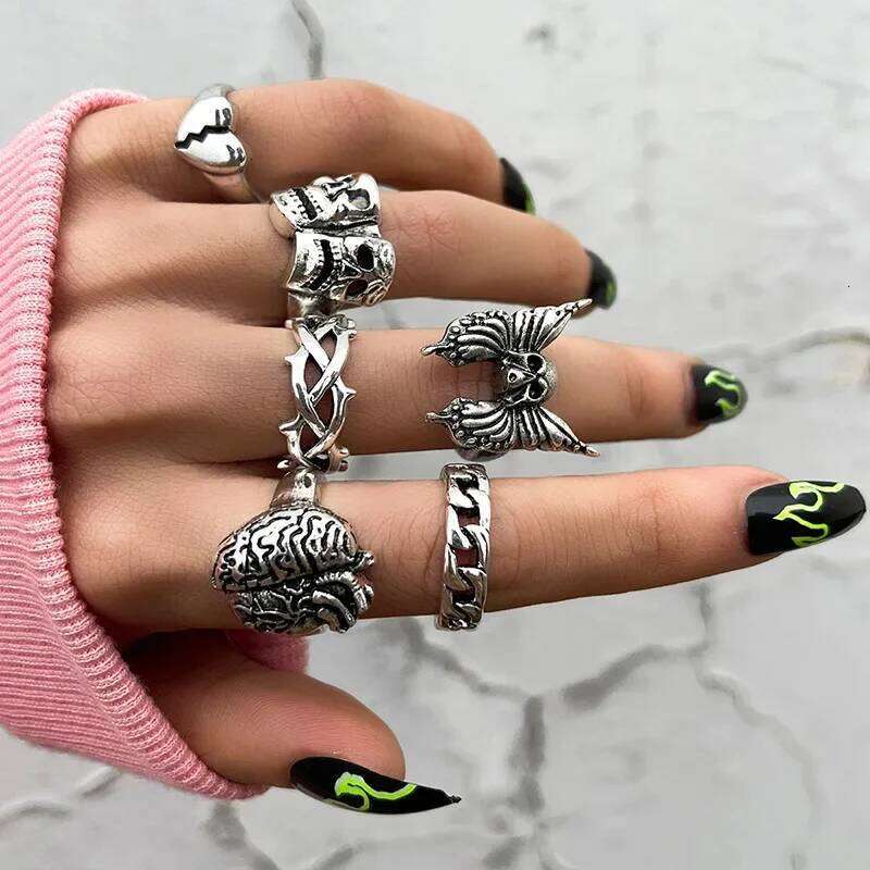 Y2K Trendy Punk Hip Hop Stainless Steel Men Ring Vintage Spider Bat Skull Two-headed Snake Rings Jewelry Gothic Accesorios Set H260312