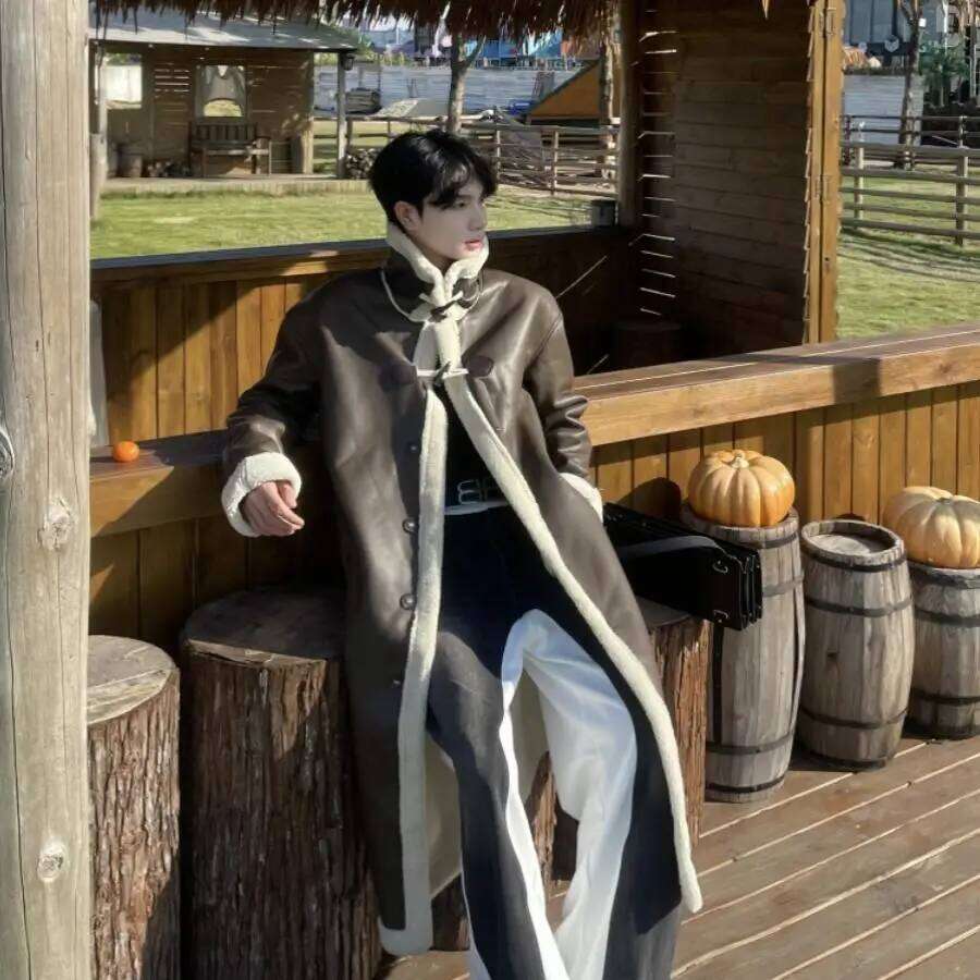 Trend Long Trench Men's Winter Lined Jacket Thicken Warm Versatile Faux Fur Coat PU Leather Overcoat New Z260313