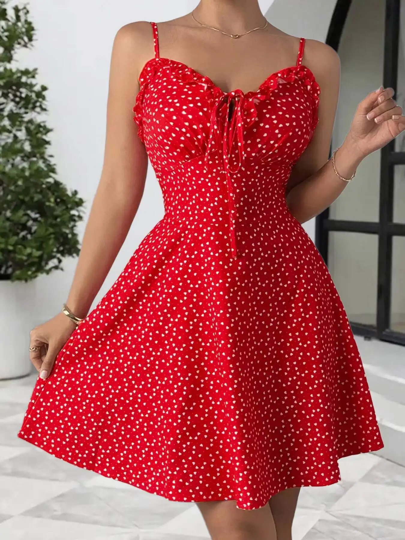 Mini Dress Spring Summer Women Red Heart Print Cami Strap ALine Sweet Cute Date Vacation Party 260313