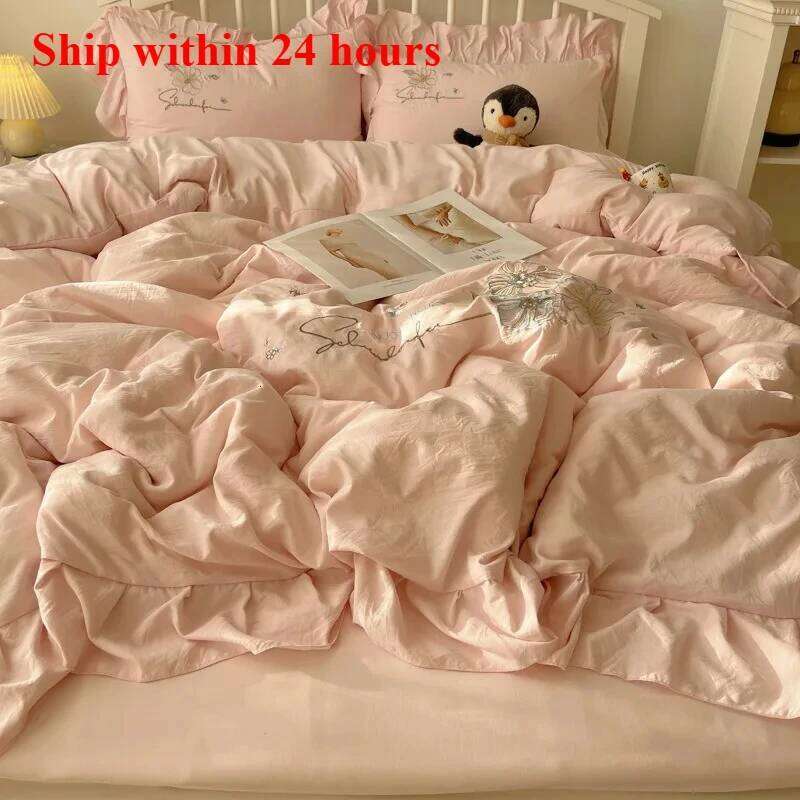 2025 lace embroidery small fresh and cute girl heart four-piece set washed cotton summer sheet quilt cover bed hat H260312 - view 4