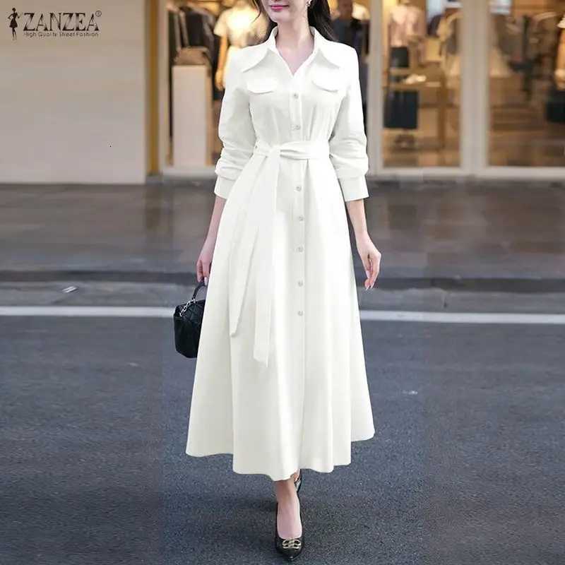 ZANZEA Womens Elegant Maxi Shirt Dresses Turn-Down Collar Long Sleeve Button Up Tie-Waist Long Dress Minimalist Woman ClothesT260316