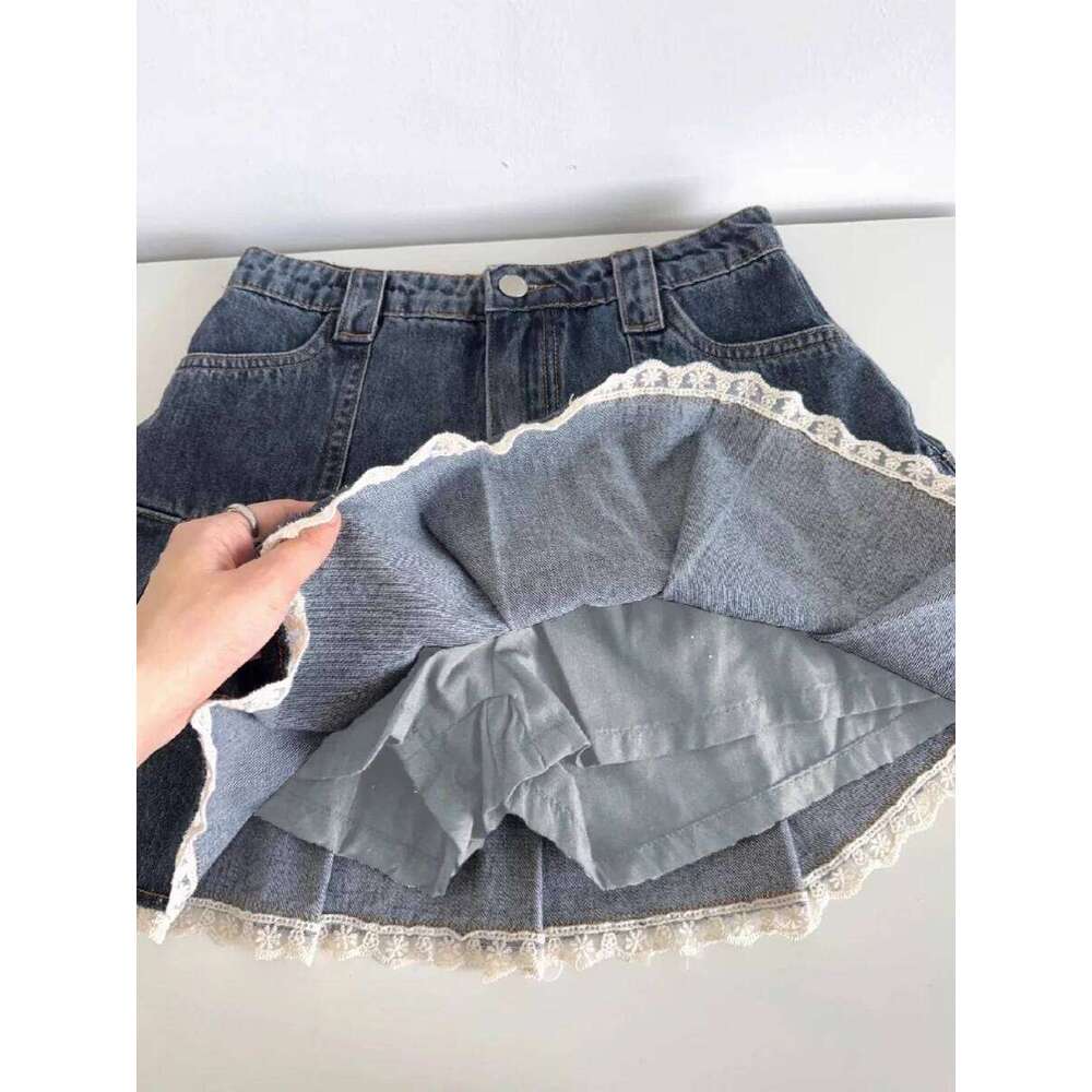 Women Blue A-line Denim Vintage Aesthetic Y2k Patchwork Lace Jean Skirt Harajuku Korean Cowboy Skirts 2000s Clothes Summer Z260314