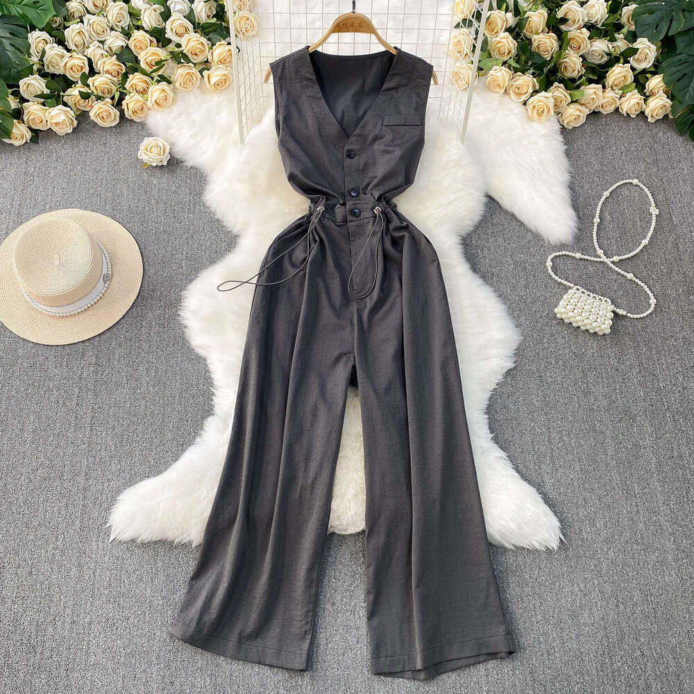 Elegant style sleeveless V-neck single breasted jumpsuit women's 2026 summer new item drawstring waist slim fit wide leg