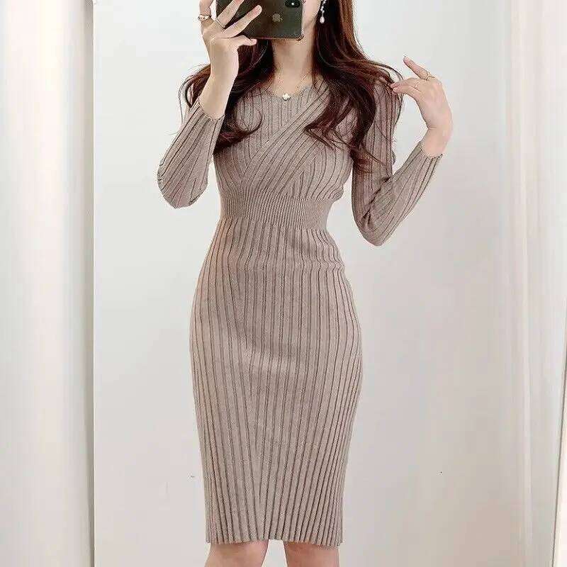 Korean Style Autumn New Vintage Chic Trendyol V-Neck Corset Design Bodycon Hip-Covering Long Sleeve Knitted Elastic Midi Dress Z260314