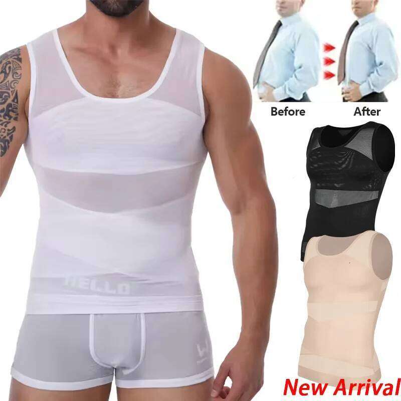 Compression Shirt for Men Slimming Undershirt Body Shaper Tank Top Gynomastica Sleeveless Shapewear Vest Mesh Cross Suit 3XL 26Y0313