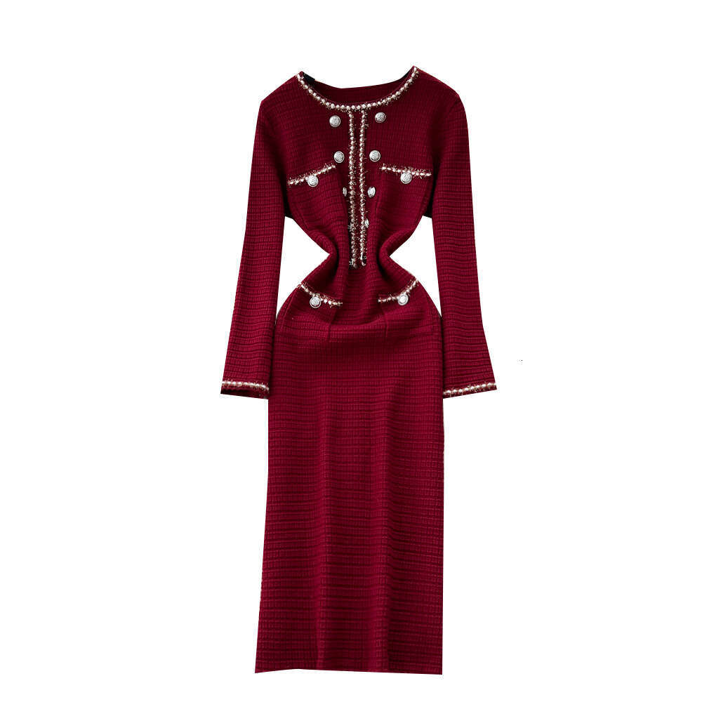 Women's dress 2026 autumn and winter a18 French high-end style metal button waist slimming elegant knitted fabric