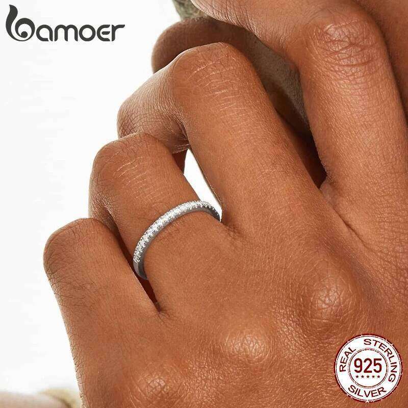 BAMOER White Gold Plated Solid 925 Sterling Silver CZ Simulated Diamond Stackable Ring Eternity Bands for Women H260312