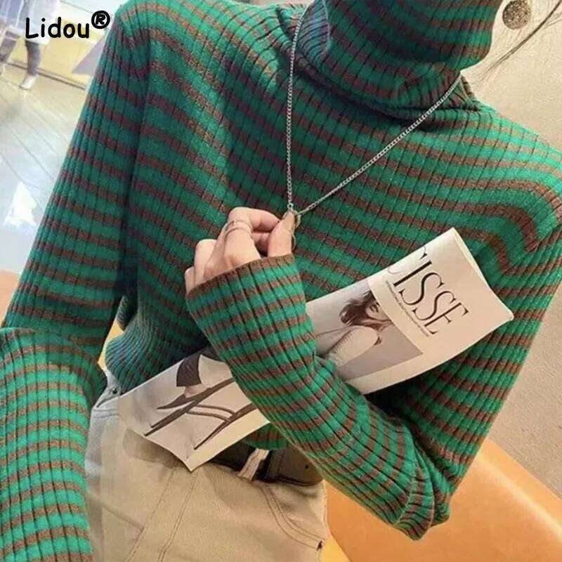 Autumn Winter Striped Turtleneck Knitted sweaters for women 2022 new long sleeve top Women sweater All-match bottoming shirt Z260314