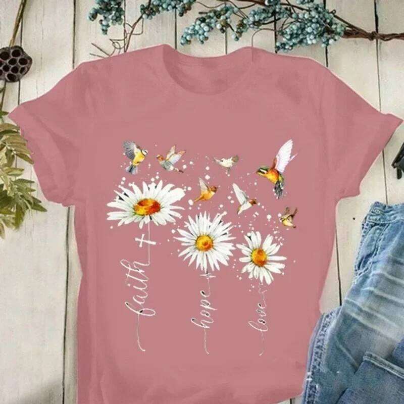 Faith Hope Love Daisy Print T Short Sleeve O Neck Loose Tshirt Summer Women Tee Shirt Tops Camisetas Mujer Z260314
