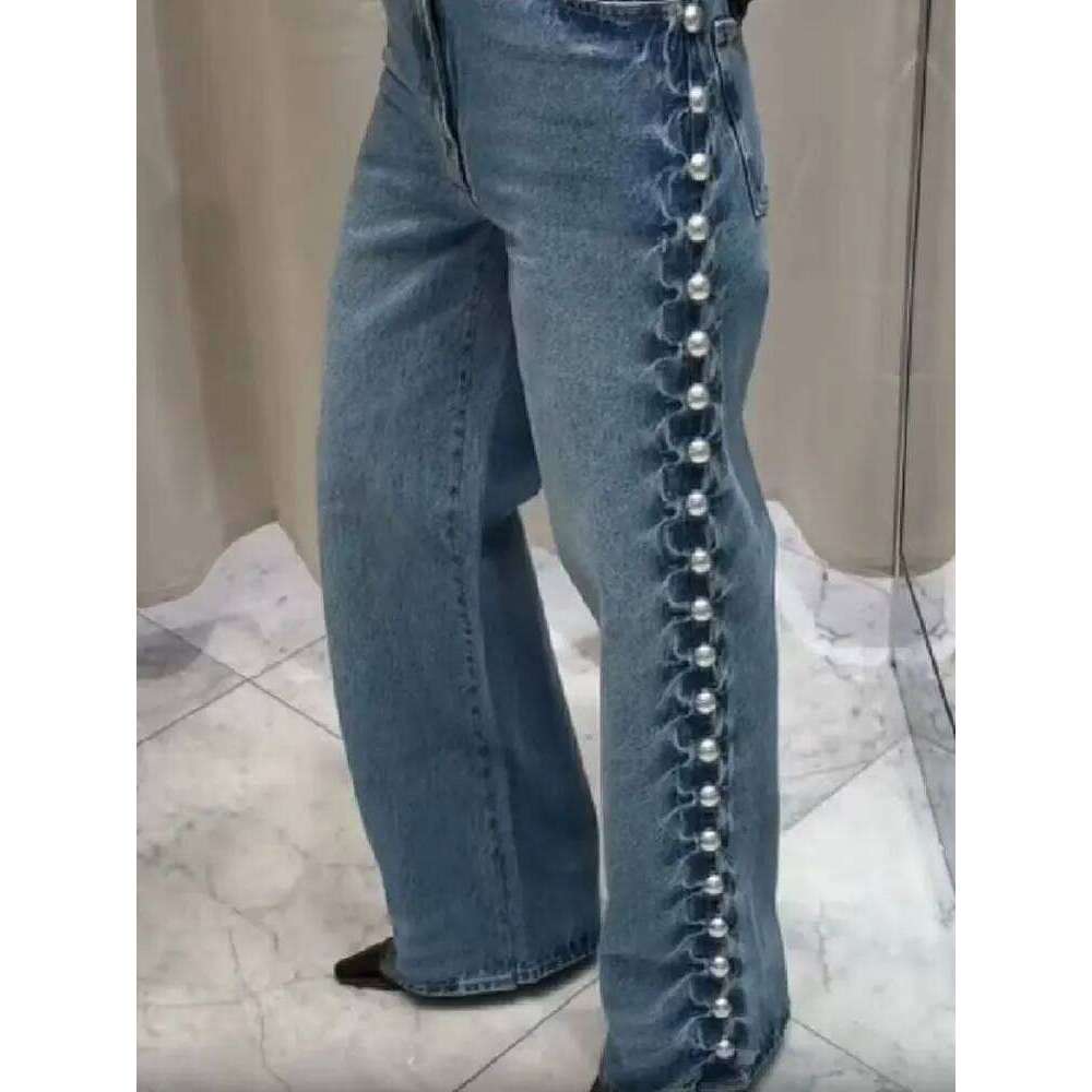 HH Street Fashion Straight With Metal Rivets High Waist Loose Wide-leg Jeans For Women Autumn Versatile Pants Vintage Bottom Z260313