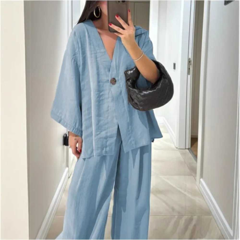 WomenS Classic Solid Wide Leg Pants Suits Summer Fashion V Neck One Button Loose Blouse Sets Casual Female Daily Streetwear2025 M260313