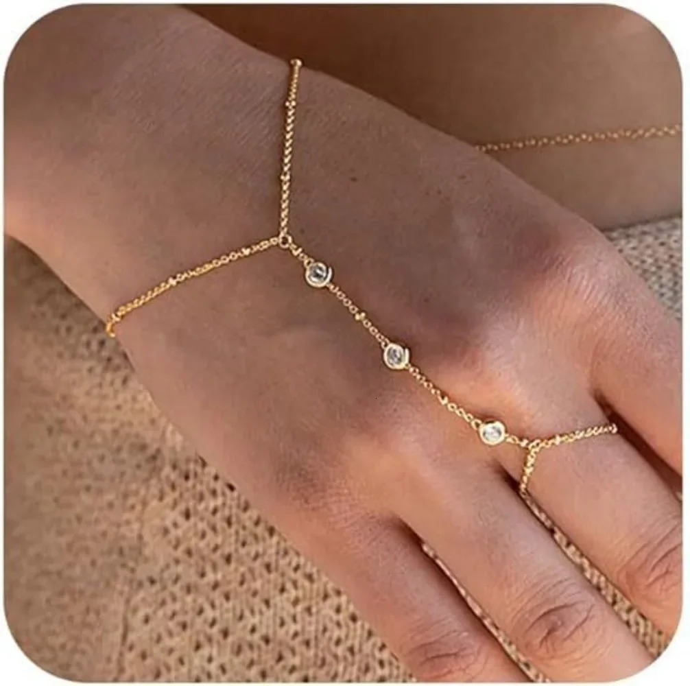 Temperament Gold Color Stainless Steel Finger Chain Round Bead Zircon Ring Link Bracelet for Women Personality Jewellery Gifts 260313