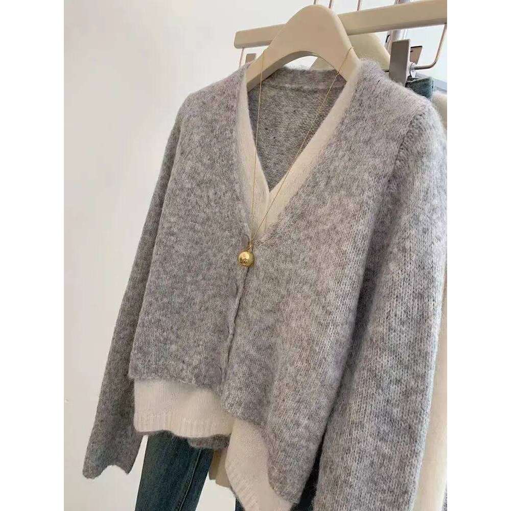 Zjaiss Women Lazy Style False Two-piece Cardigan 2026 Korean Elegant V-Neck Knitted Sweater Chic Spring Autumn Casual Grey Top Z260313