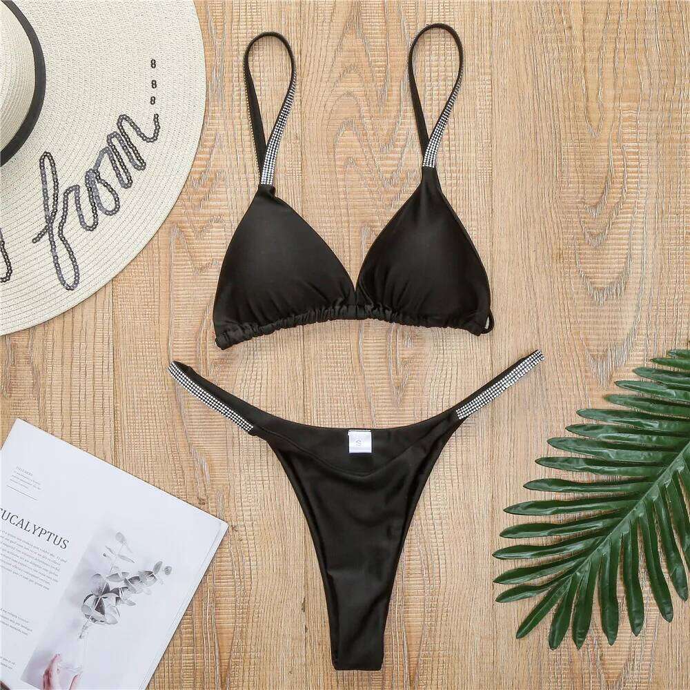 New 2023 Diamond Swimwear Women Sexy Micro Bikini Solid Black G-string Swimsuits Bathers Bathing Suit 2 Piece Set Y260303