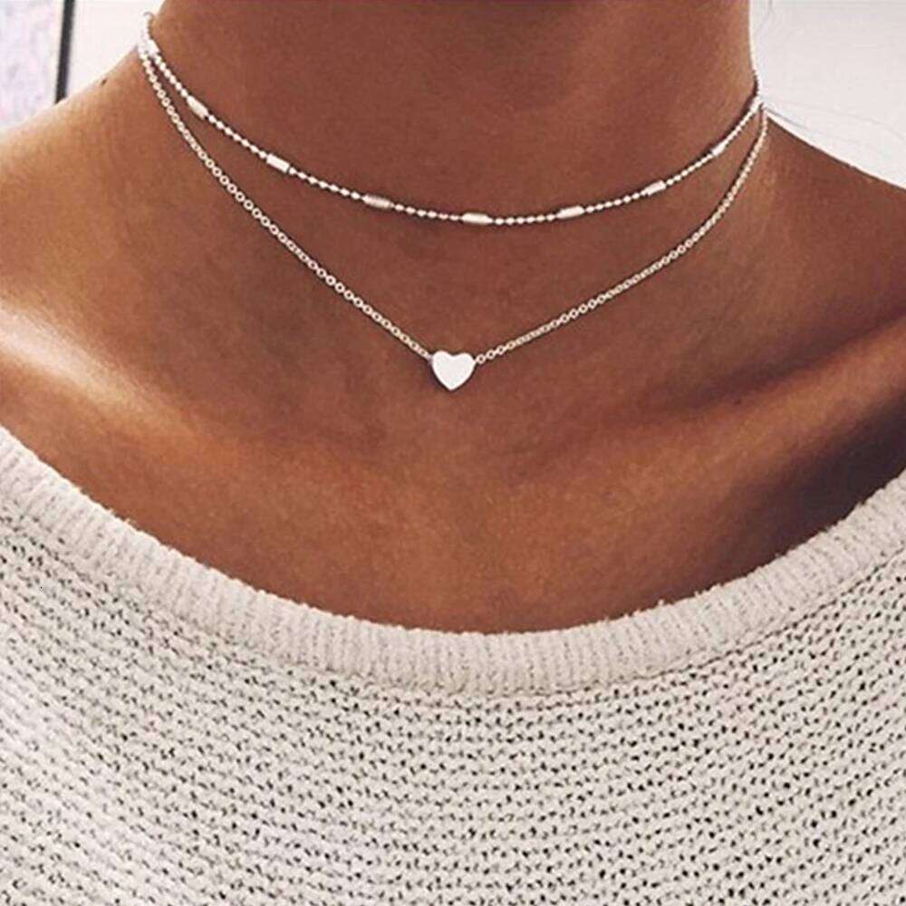 Fashion Silver Color Heart Necklace for Women Girls Teens Vintage Y2K Thin Light Bead Chain Minimalist Simple Party Jewelry Gift H260312