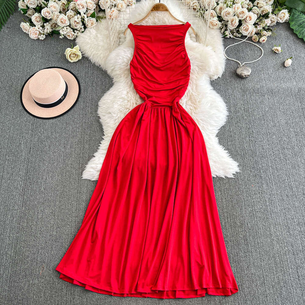 2026 high-end elegant lady style backless A9 collar women's spring and autumn pleated waist slim fit trumpet skirt