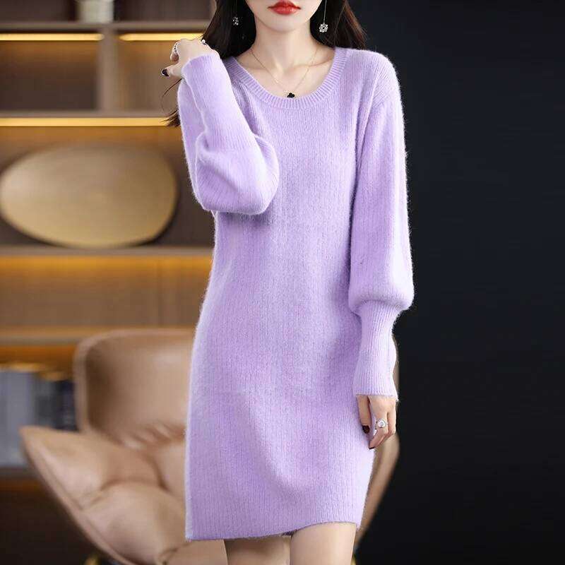 Autumn Winter 100% Mink Knit Long Skirt Women Scoop Neck Knee-length Dress Casual Warm Jumper Cashmere Base Shirt Top Z260314