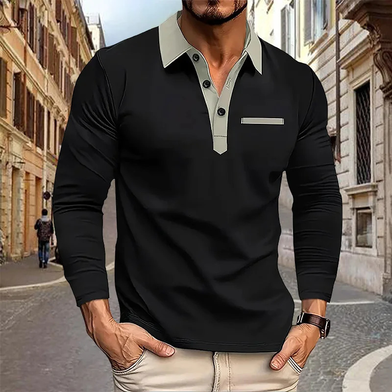Spring and Autumn Mens Long sleeved Polo Shirt business casual Fashion Classic lapel neck European American plus size 260312