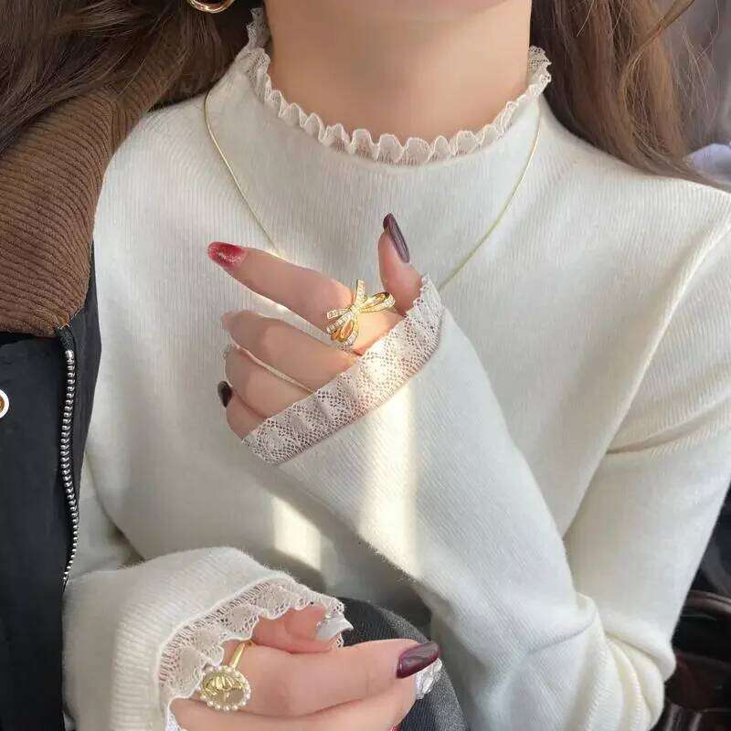 Korean Style Simple Base Layer Tops Womens Elegant Lace Trim Sweater Spring Autumn Grey Slim Fit Long Sleeves Pullovers Z260313