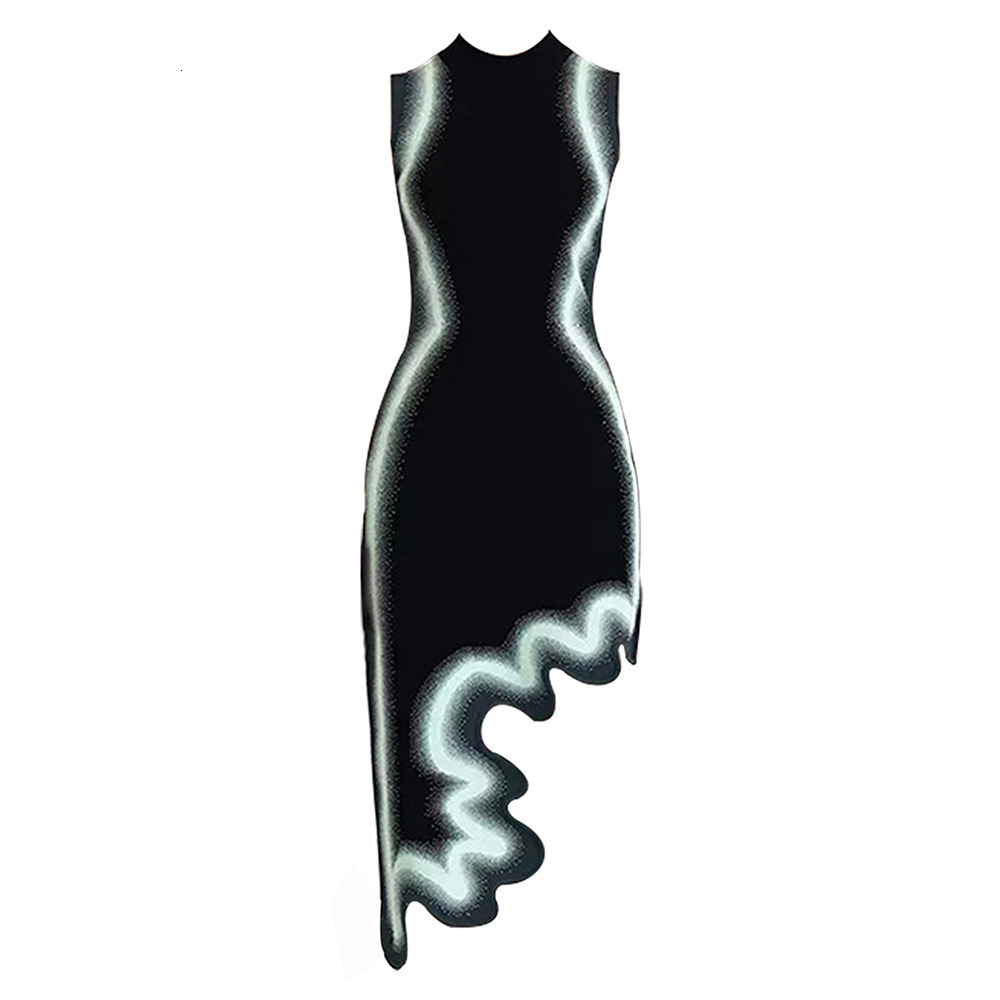 Fashion Contrasting Irregular Hem Slim Dress For Women Elegant Round Neck Sleeveless Midi Dresses Summer Lady High Street Robes 240802