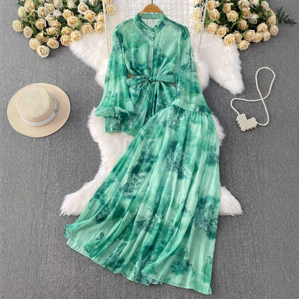 2026 Designer's New Chinese Printed Elegant Stand up Collar Lantern A13 Sleeve Women's Shirt Summer Slimming Top Skirt Set